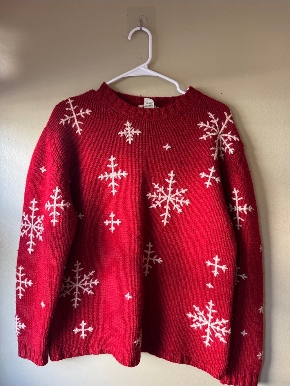 Eddie Bauer Red Crewneck Sweater with White Snowflake Motif
